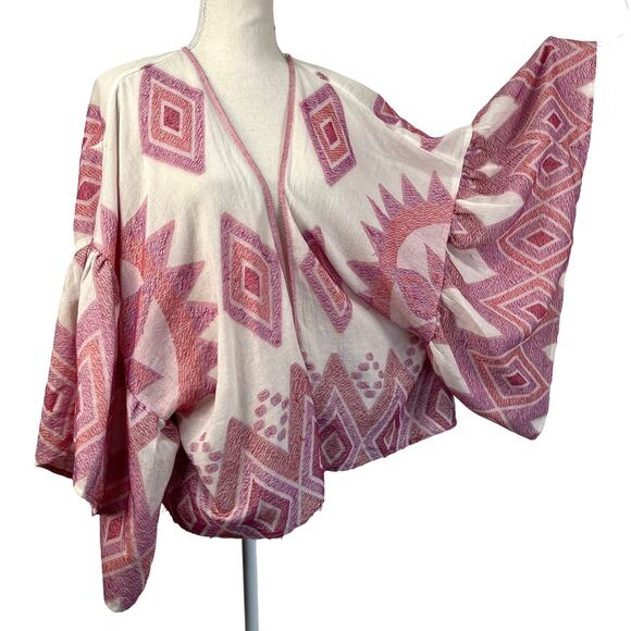 Anthropologie Jacinda Cropped Cardigan Flowy Wide Sleeves Pink White Kimono - Picture 2 of 7